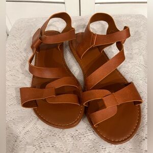 Cognac Brown Flat Strappy Sandals with Velcro strap NWOT size 9